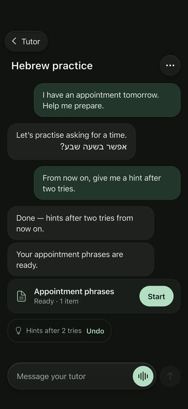 A text conversation where the tutor practises asking for a time in Hebrew and prepares appointment phrases.
