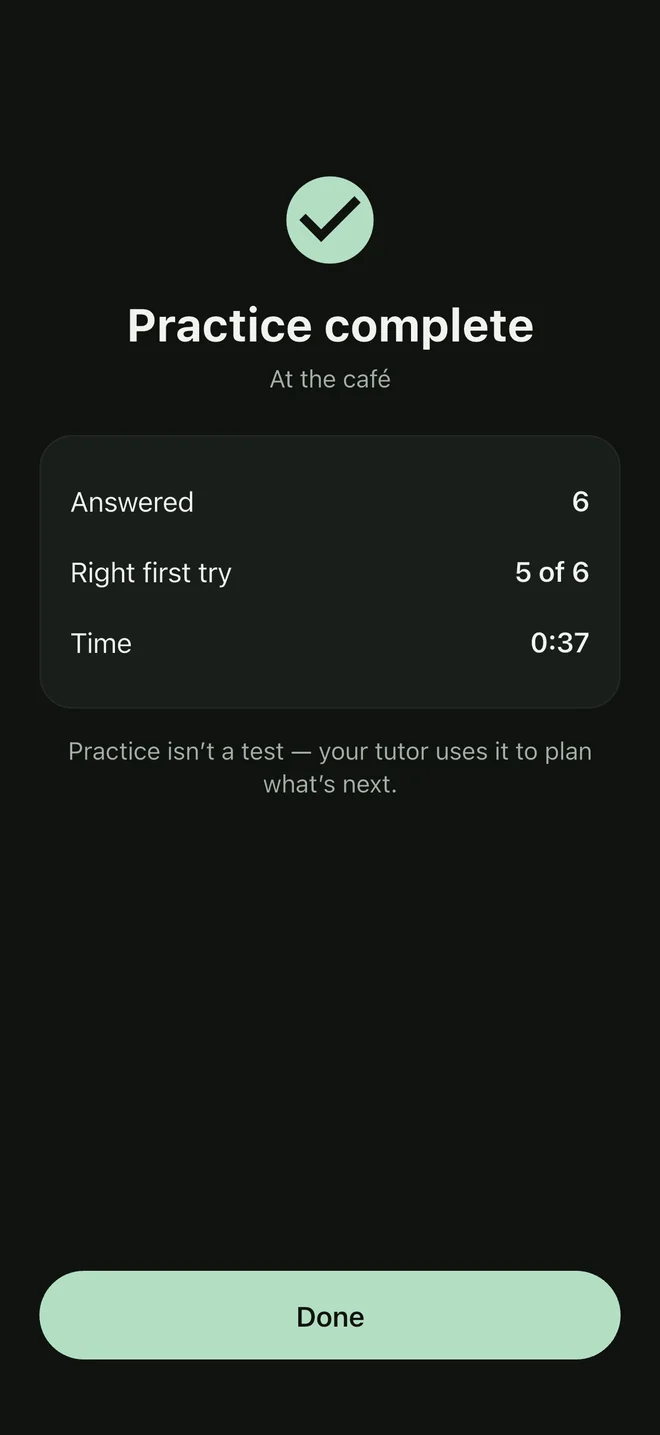 Practice complete: six answered, five right on the first try.