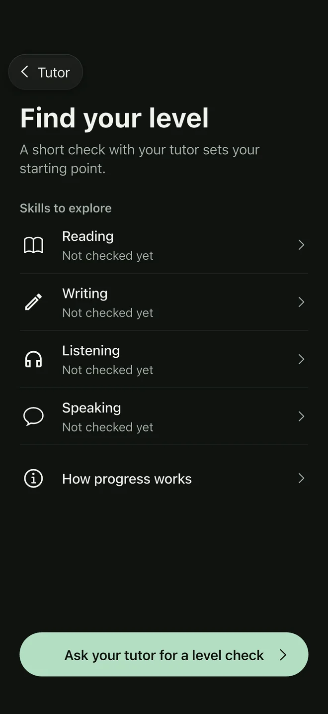 The Find your level screen listing Reading, Writing, Listening and Speaking.